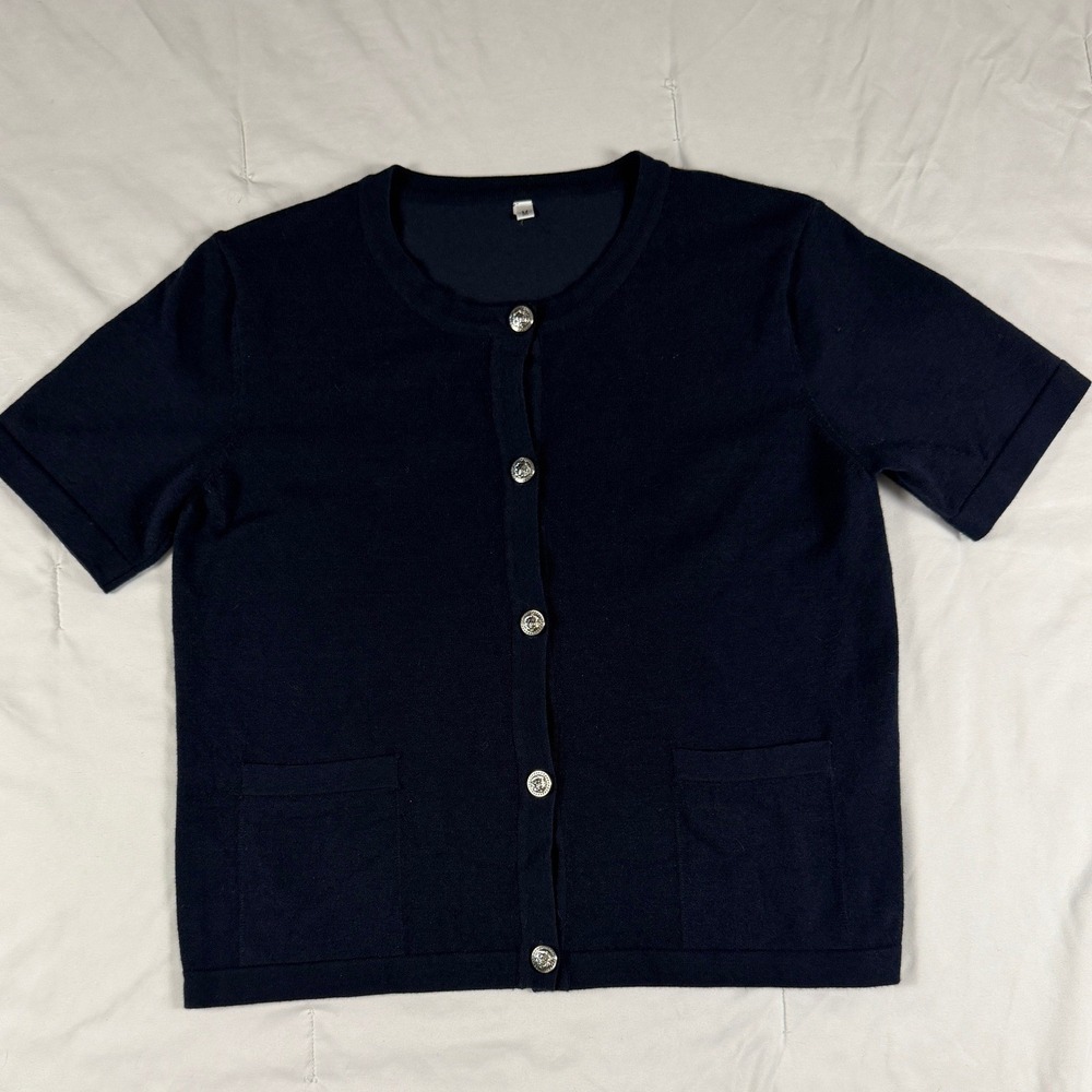 Navy‎ Blue Short Sleeve Cardigan Silver Buttons Pockets Med Academia Minimalist